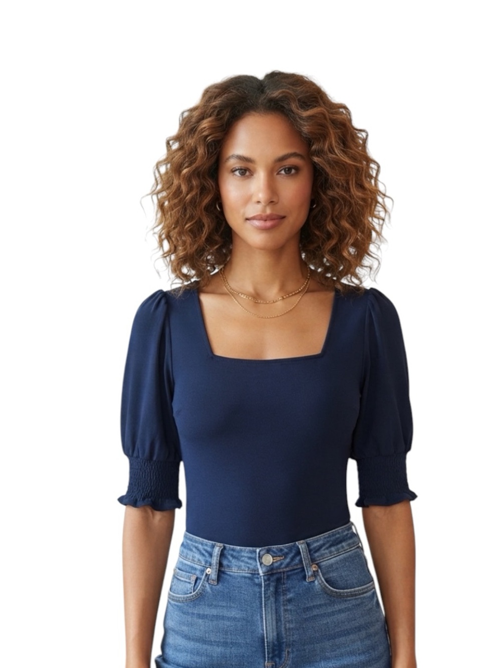 CeCe Navy Blue Square Neck Puff Sleeve Top Size L